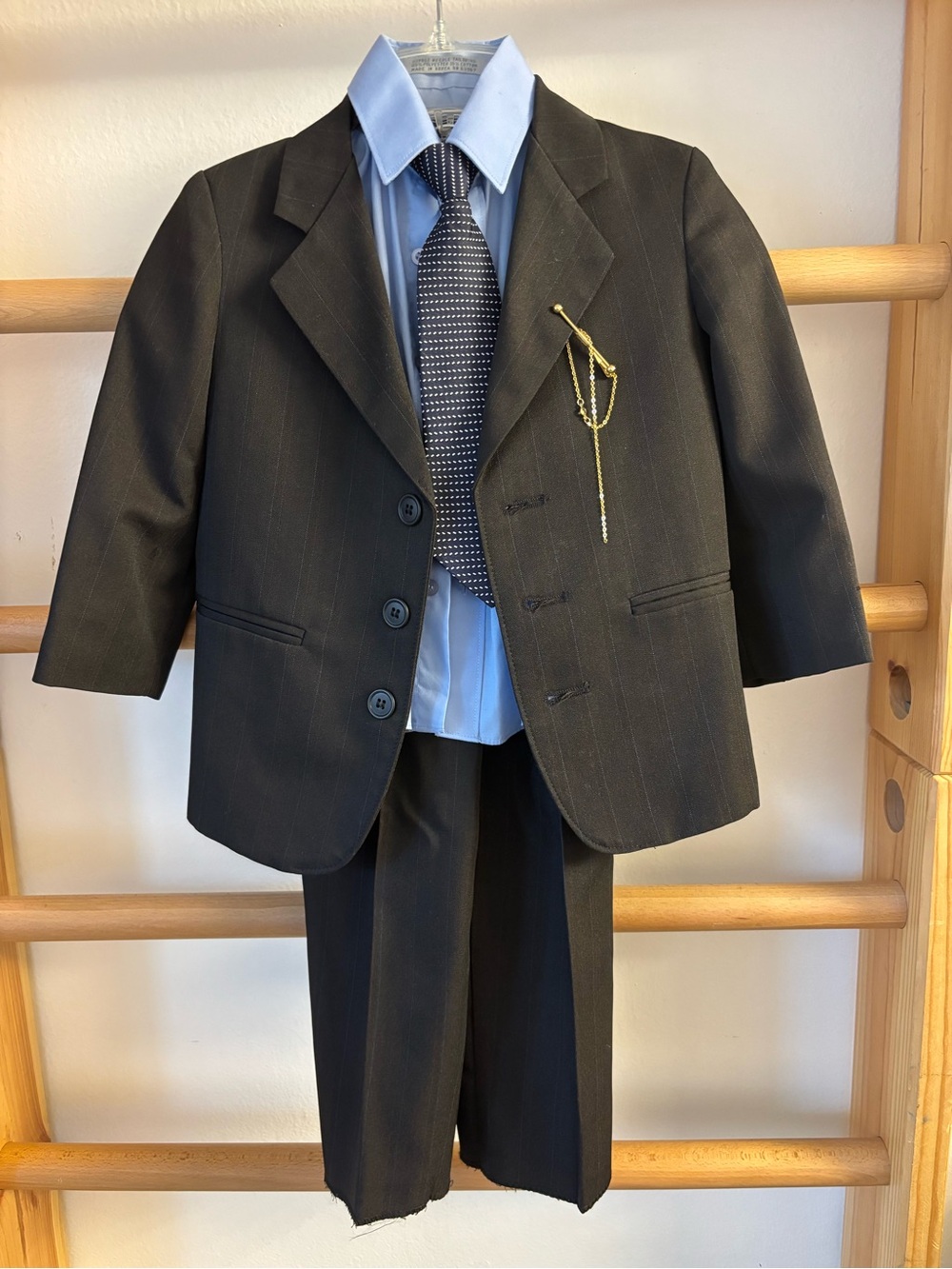 Mark Jason Boys Black Pinstripe Suit Set with Light Blue Shirt and Navy Tie